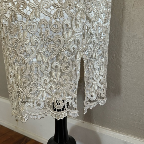 🕊️ Marina Ivory/ Gold Embroidered Lace Overlay Sheath Cocktail Dress — size 8 - Picture 6 of 11